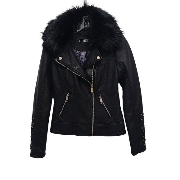 GUESS Moto Jacket Faux Leather Mink Fur Corset Laced XS Black Designer Assymetri - Picture 1 of 16